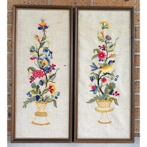 Vtg Jacobean Floral Crewel Embroidery Butterfly Blue Bird Framed LeeWard